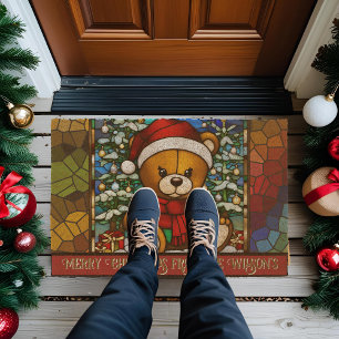 Christmas Teddy Bear Faux Stained Glass Fiber Doormat