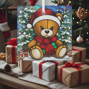 Christmas Teddy Bear Faux Stained Glass Ornament