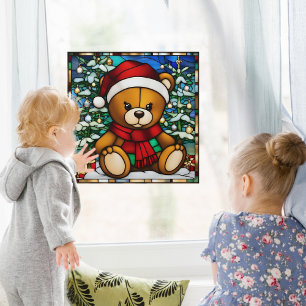 Christmas Teddy Bear Faux Stained Glass Window Cling