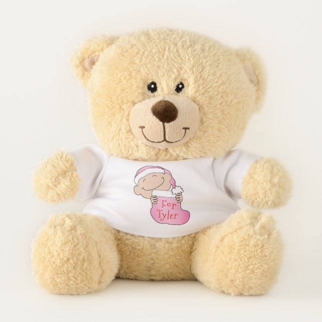 Christmas Teddy Bear "Furry Pink Stocking" (Front)