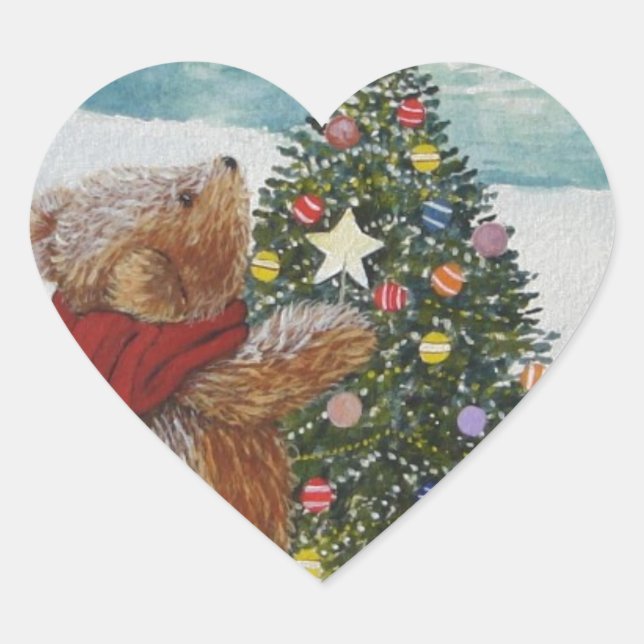 Christmas Teddy Bear Heart Sticker (Front)