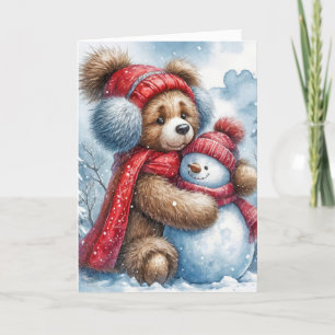 Christmas Teddy Bear Hugging a Snowman Holiday Card