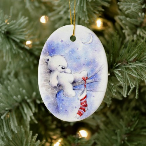 Christmas Teddy Bear In A Tree Stocking Ceramic Ornament