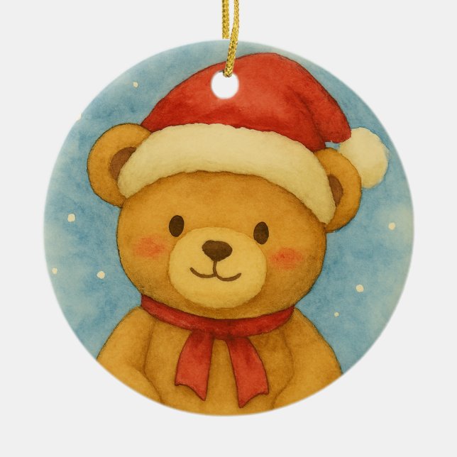 Christmas Teddy Bear in Snowy Wonderland Ceramic Ornament (Front)