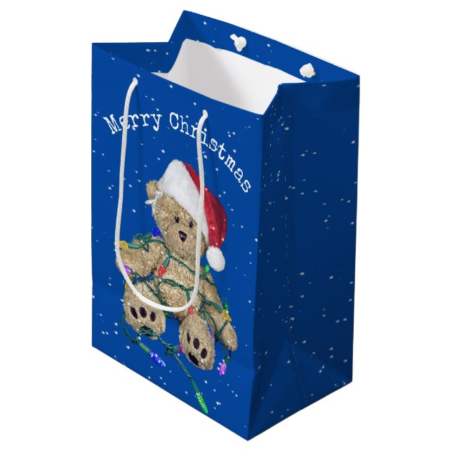 Christmas Teddy Bear In Tangled Lights  Medium Gift Bag (Front Angled)