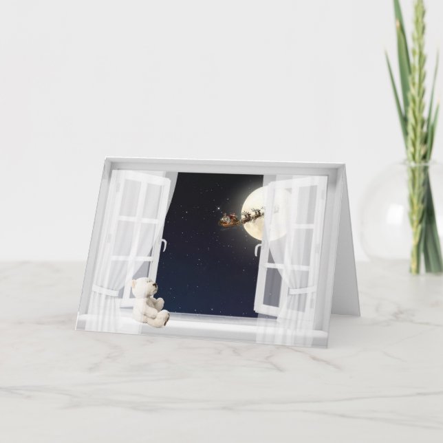 Christmas Teddy bear in window Holiday Card (Front)