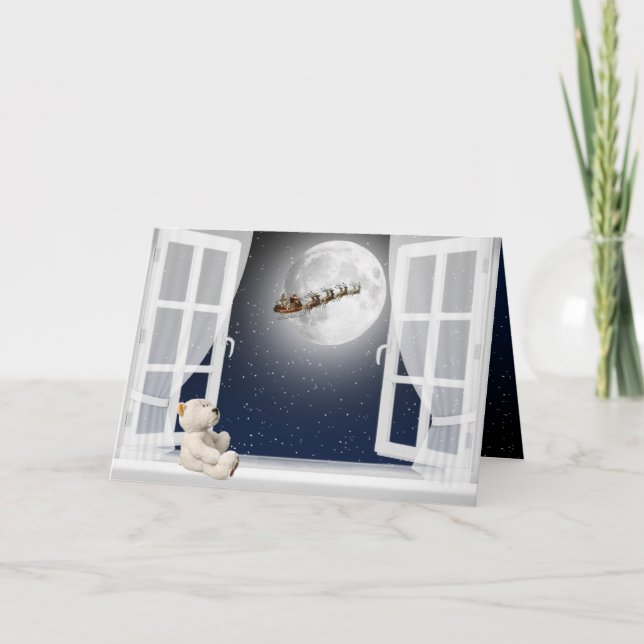 Christmas Teddy Bear in Window  Holiday Card (Front)