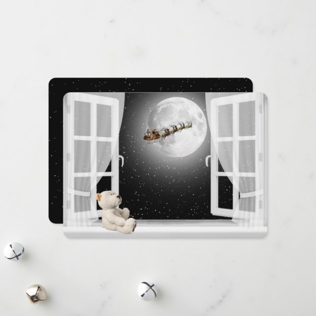 Christmas Teddy Bear in Window Holiday Card (Front/Back In Situ)