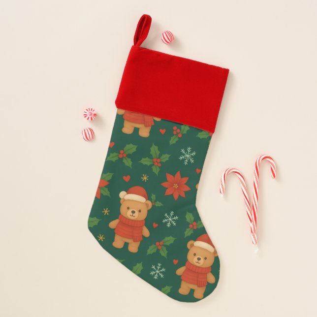Christmas Teddy Bear Pattern – Cute Green Holiday  Christmas Stocking (Front)