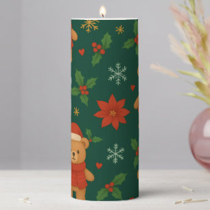 Christmas Teddy Bear Pattern – Cute Green Holiday  Pillar Candle
