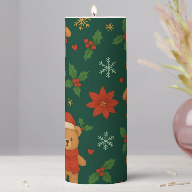 Christmas Teddy Bear Pattern – Cute Green Holiday  Pillar Candle (In Situ)