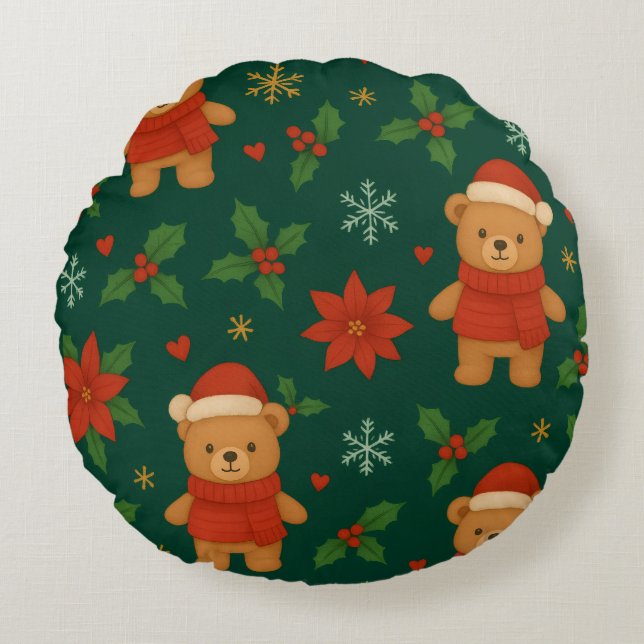 Christmas Teddy Bear Pattern – Cute Green Holiday  Round Pillow (Front)