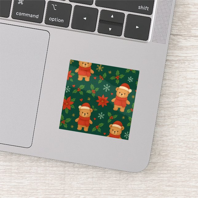 Christmas Teddy Bear Pattern – Cute Green Holiday  Sticker (Detail)