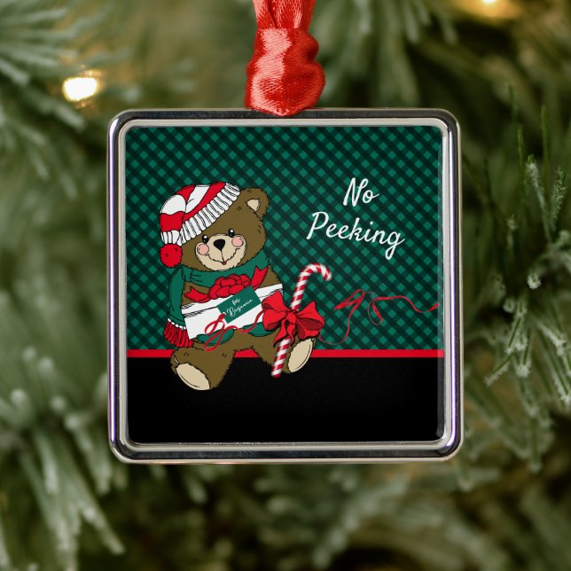 Christmas Teddy Bear Plaid Personalized Metal Ornament (Tree)