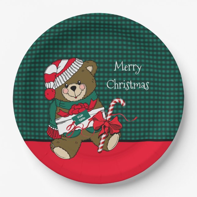 Christmas Teddy Bear Red & Green Plaid Kids Table Paper Plates (Front)