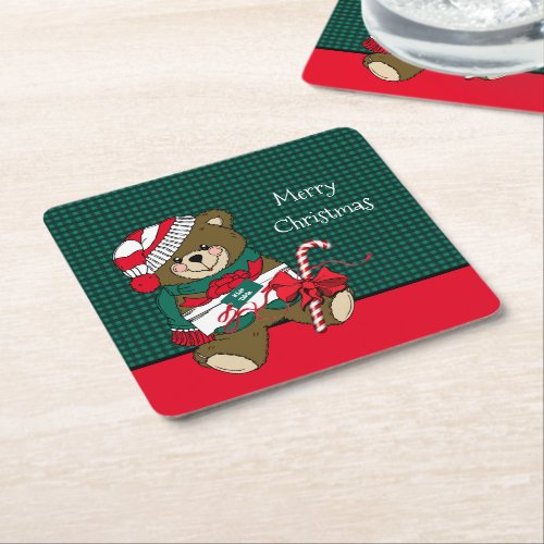 Christmas Teddy Bear Red  Green Plaid Kids Table Square Paper Coaster