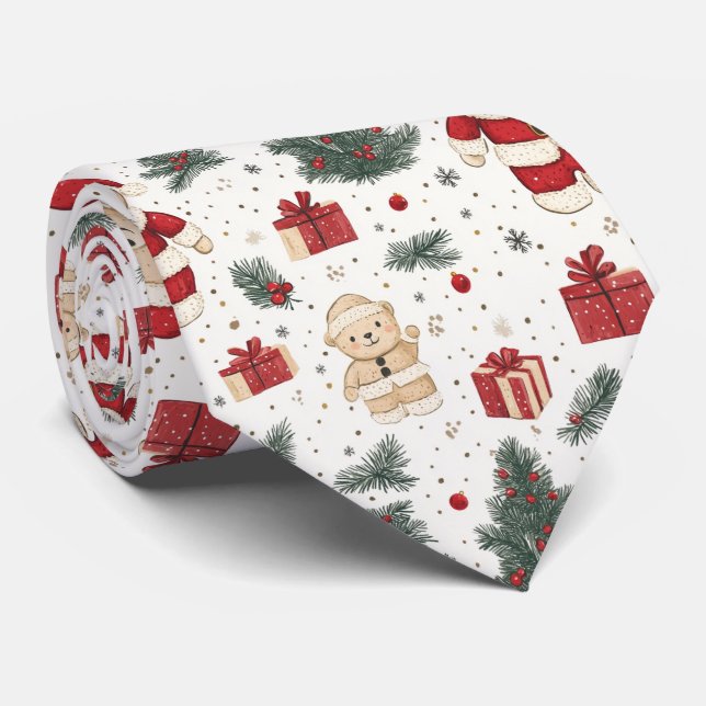 Christmas Teddy Bear Santa Pattern (1) Neck Tie (Rolled)