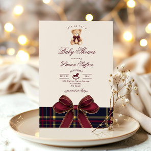 Christmas Teddy Bear Wine Red plaid Baby shower Invitation