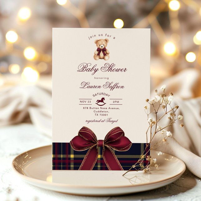 Christmas Teddy Bear Wine Red plaid Baby shower Invitation (Creator Uploaded)