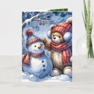 Christmas Teddy Bear With a Snowman Holiday Card