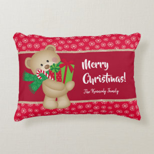 Christmas Teddy Bear with Gift and Snowflakes, Red Accent Pillow