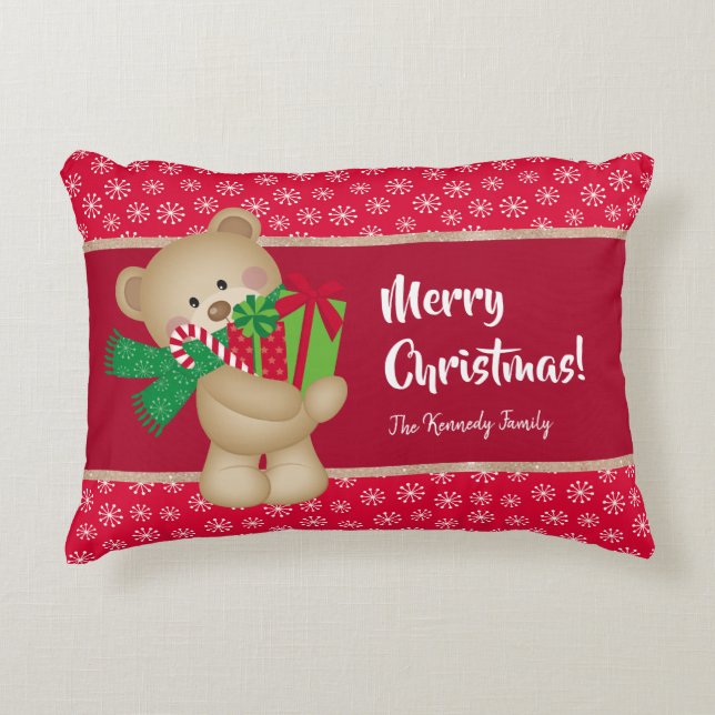 Christmas Teddy Bear with Gift and Snowflakes, Red Accent Pillow (Front)