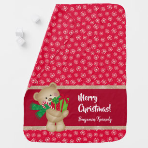 Christmas Teddy Bear with Gift and Snowflakes, Red Baby Blanket