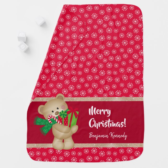 Christmas Teddy Bear with Gift and Snowflakes, Red Baby Blanket (In Situ)