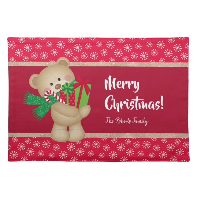 Christmas Teddy Bear with Gift and Snowflakes, Red Cloth Placemat (Front)