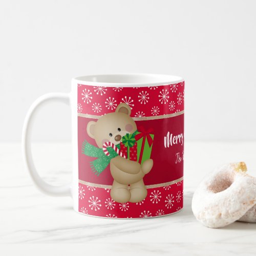 Christmas Teddy Bear with Gift and Snowflakes Red Coffee Mug