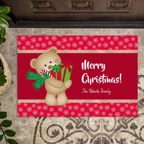 Christmas Teddy Bear with Gift and Snowflakes Red Doormat