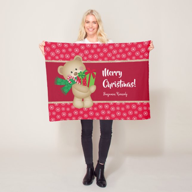 Christmas Teddy Bear with Gift and Snowflakes, Red Fleece Blanket (In Situ)
