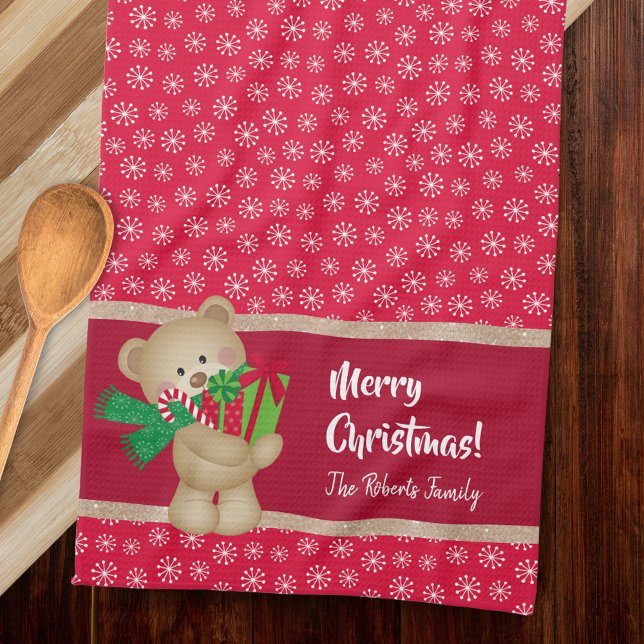 Christmas Teddy Bear with Gift and Snowflakes, Red Kitchen Towel (Creator Uploaded)