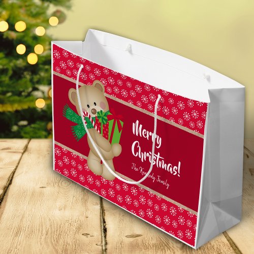 Christmas Teddy Bear with Gift and Snowflakes Red Large Gift Bag