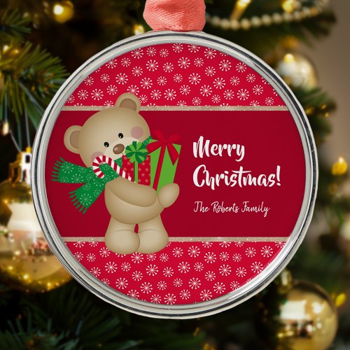Christmas Teddy Bear with Gift and Snowflakes Red Metal Ornament