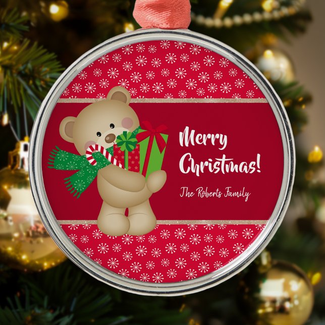 Christmas Teddy Bear with Gift and Snowflakes, Red Metal Ornament (Creator Uploaded)