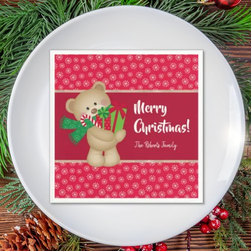 Christmas Teddy Bear with Gift and Snowflakes Red Napkins