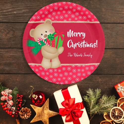 Christmas Teddy Bear with Gift and Snowflakes Red Paper Plates