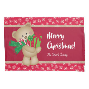 Christmas Teddy Bear with Gift and Snowflakes, Red Pillow Case