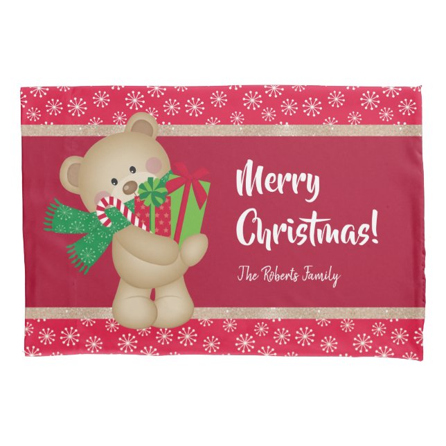Christmas Teddy Bear with Gift and Snowflakes, Red Pillow Case (Front)