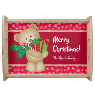 Christmas Teddy Bear with Gift and Snowflakes, Red Serving Tray