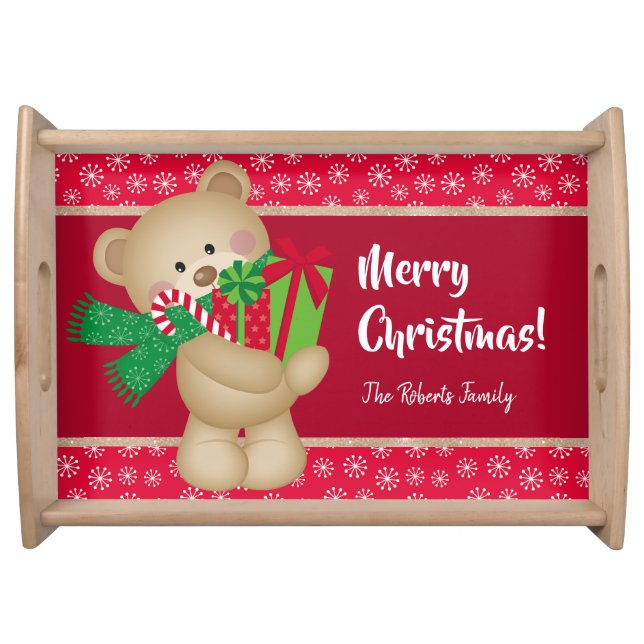 Christmas Teddy Bear with Gift and Snowflakes, Red Serving Tray (Front)