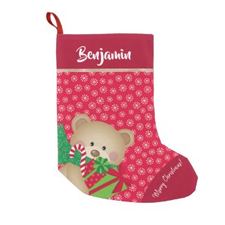 Christmas Teddy Bear with Gift and Snowflakes, Red Small Christmas Stocking