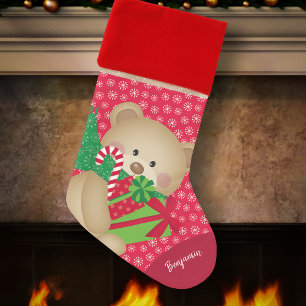 Christmas Teddy Bear with Gift and Snowflakes, Red Stocking