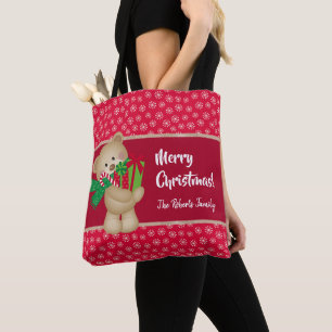 Christmas Teddy Bear with Gift and Snowflakes, Red Tote Bag