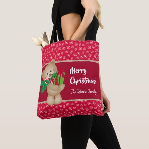 Christmas Teddy Bear with Gift and Snowflakes Red Tote Bag