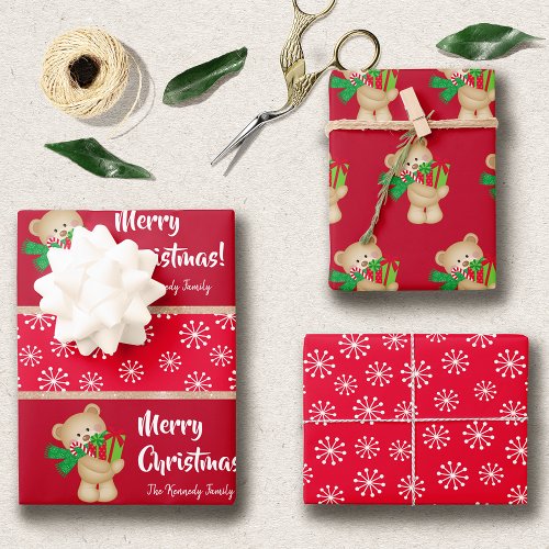 Christmas Teddy Bear with Gift and Snowflakes Red Wrapping Paper Sheets