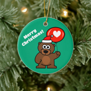 Christmas teddy bear with heart balloon custom ceramic ornament