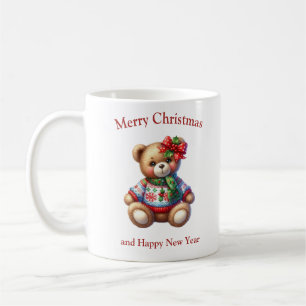Christmas teddy bear with mistletoe bow coffee mug