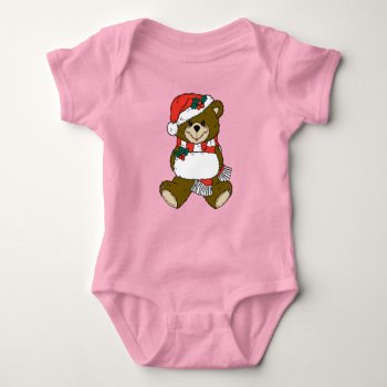 Christmas Teddy Bear With Santa Hat And White Muff Baby Bodysuit by vicesandverses at Zazzle
